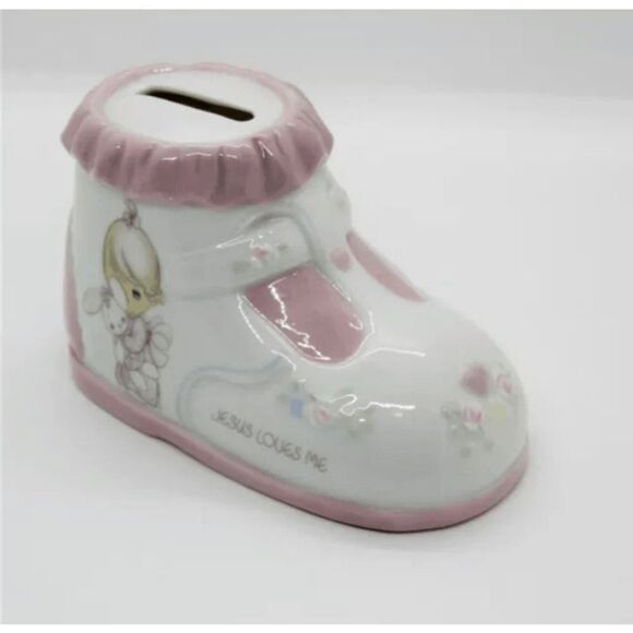 Vintage Precious Moments 'Jesus Loves Me'  Baby Boot Ceramic Coin Bank - Picture 1 of 8